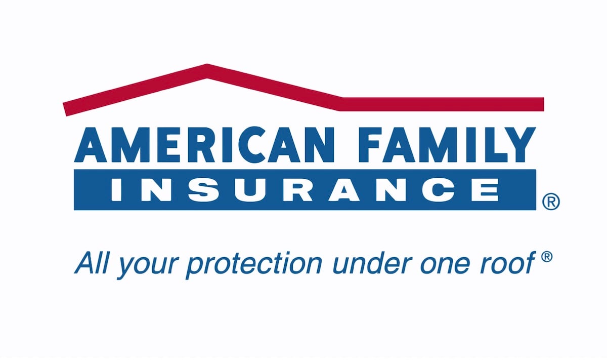 American Family Insurance logo with a red roofline above blue text. Slogan below reads, "All your protection under one roof.