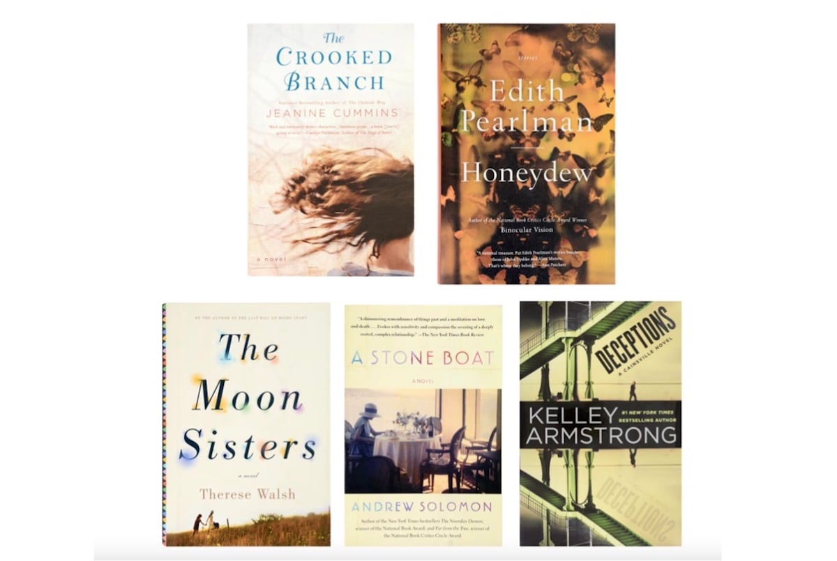 Five book covers arranged in two rows: "The Crooked Branch," "Honeydew," "The Moon Sisters," "A Stone Boat," and "Deceptions." Each cover features distinct artwork and typography.