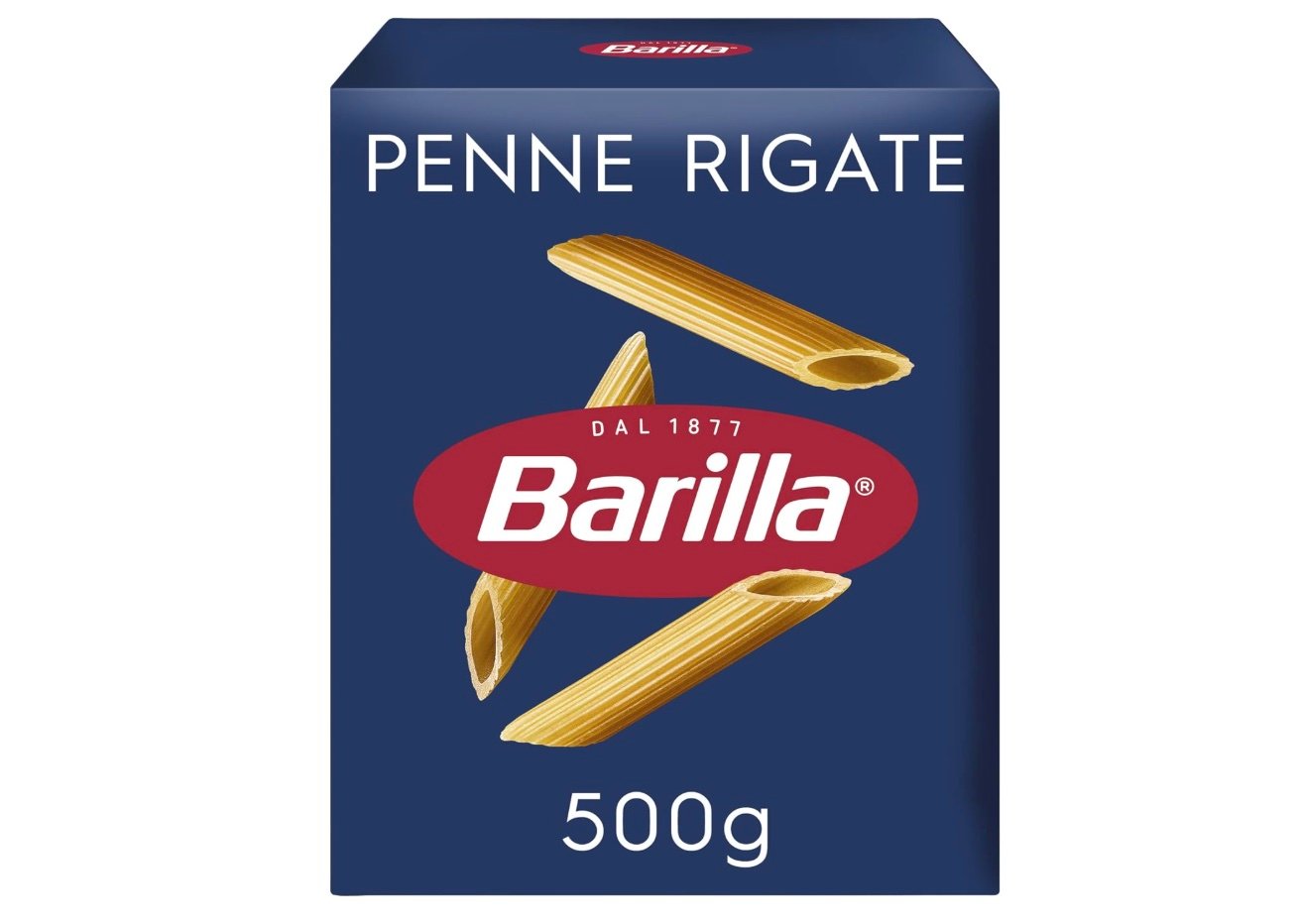 A blue box of Barilla Penne Rigate pasta, showing images of penne pieces and labeled with the brand name, "Barilla," and the weight, "500g.
