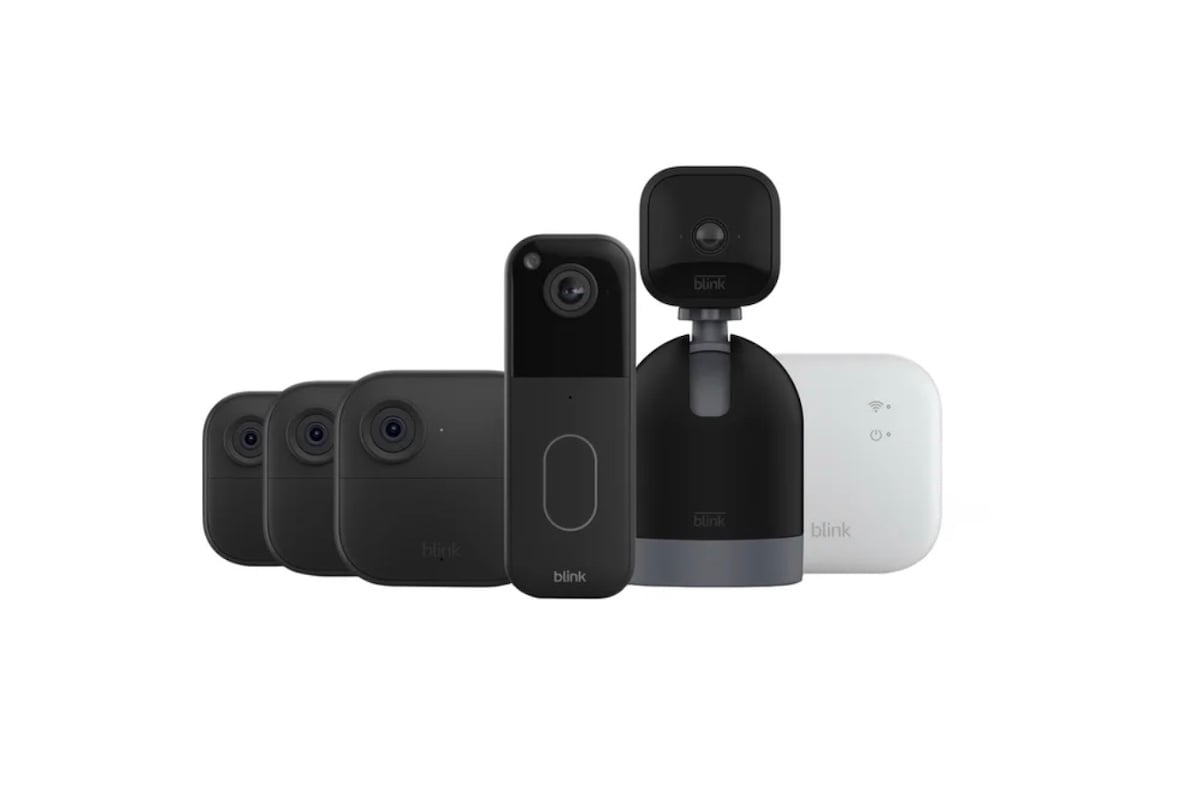 A lineup of five Blink security cameras and a white sync module, including outdoor, indoor, doorbell, and pan-tilt camera models, displayed on a white background.