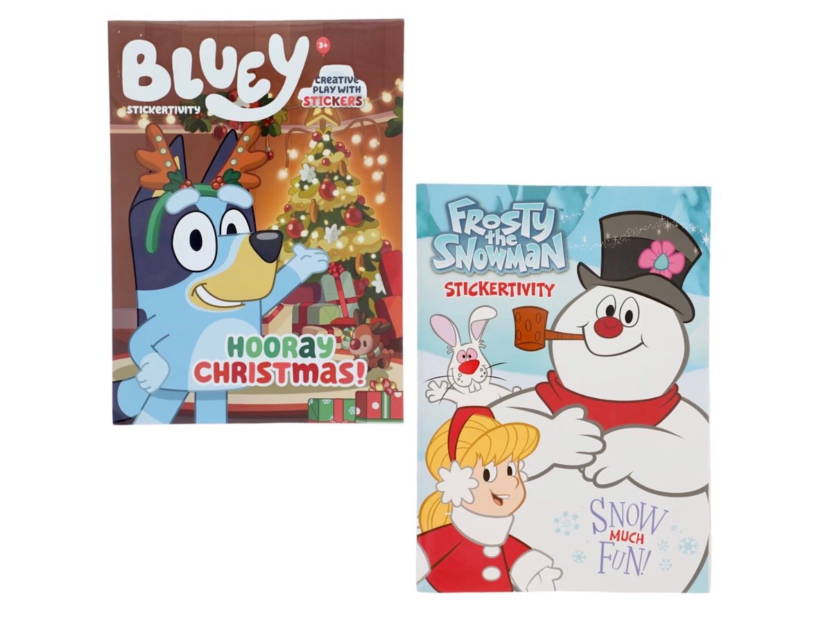 Two sticker activity books: one with Bluey dog in reindeer antlers saying "Hooray Christmas!" and another with Frosty the Snowman, a girl, and a rabbit, with the text "Snow Much Fun!" and "Stickertivity.