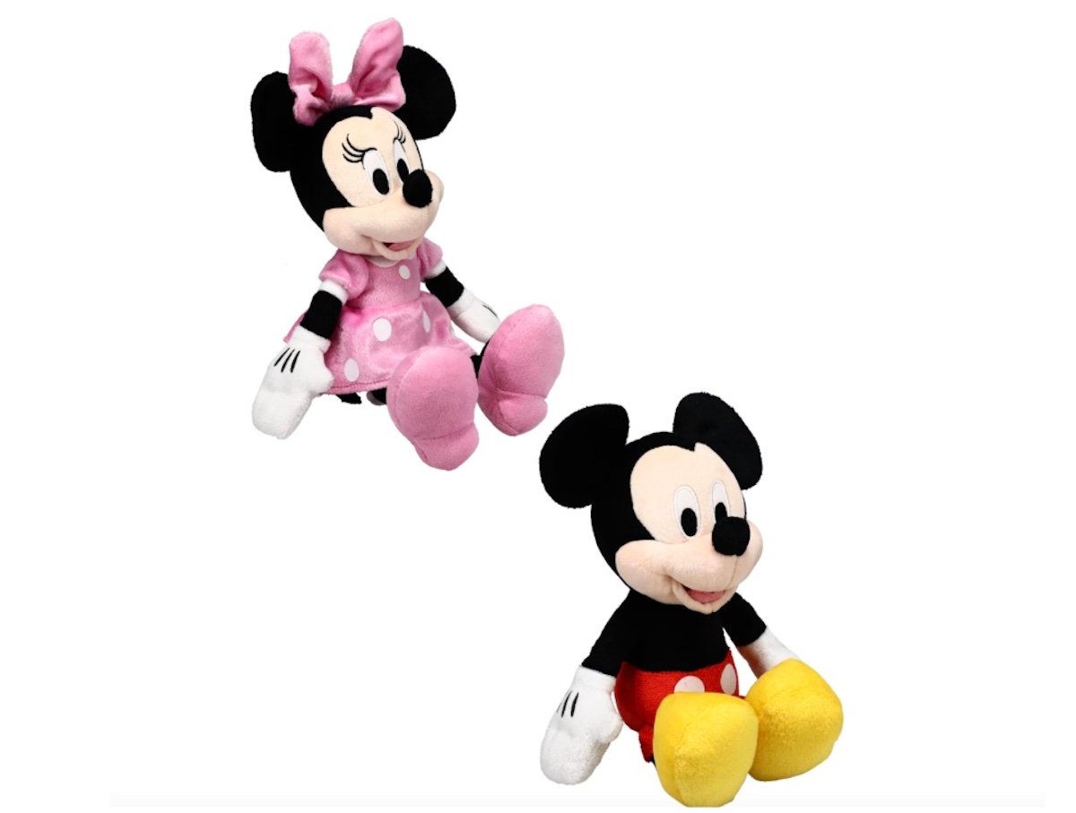 Two plush toys: one of a mouse in a pink polka-dot dress and bow, and another of a mouse in red shorts and yellow shoes. Both are sitting against a white background.