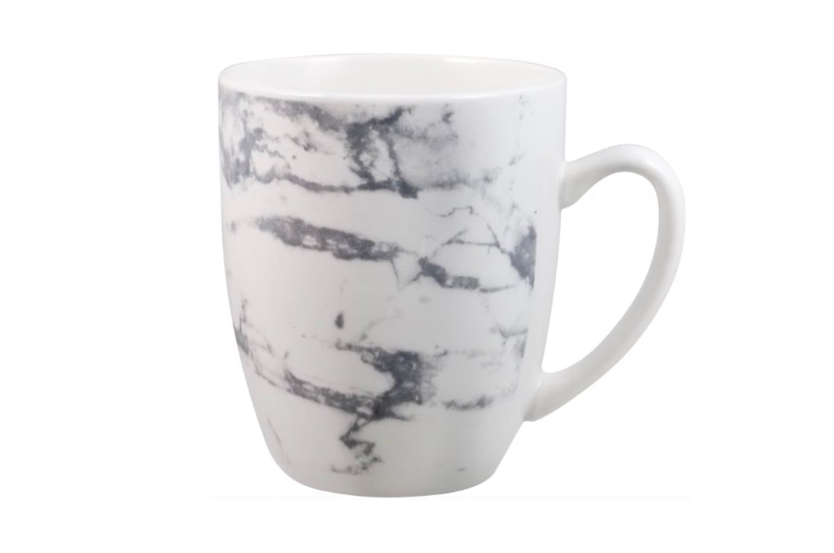A white ceramic mug with a gray marble pattern, featuring a curved handle, set against a plain white background.