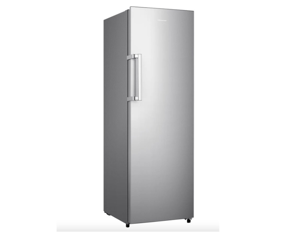 A tall, modern, silver refrigerator with a single door and a sleek, vertical handle, standing on small black feet against a plain white background.