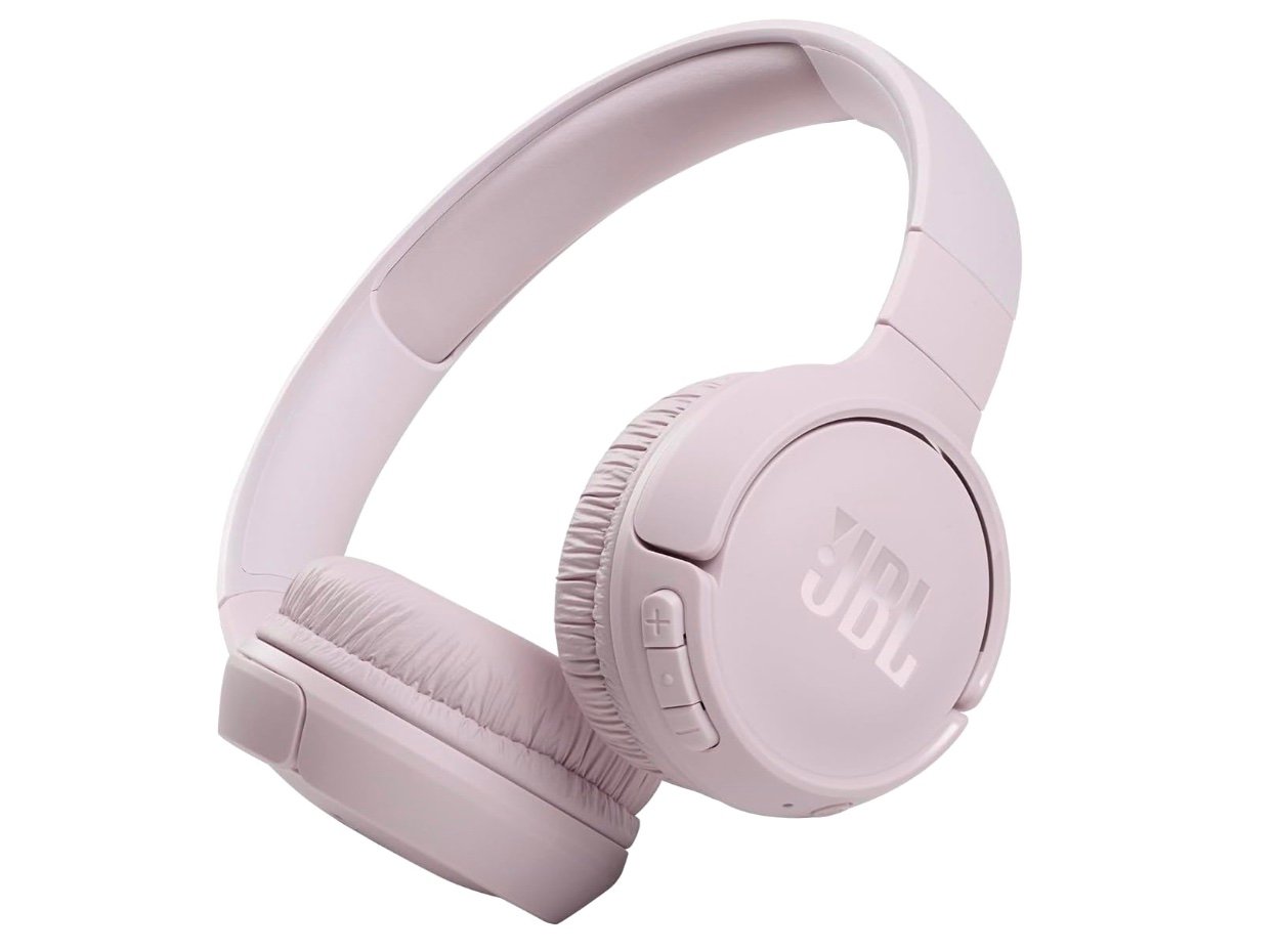 Light pink over-ear JBL wireless headphones with cushioned ear pads and an adjustable headband. The JBL logo is visible on the ear cup, which also features volume and power buttons.