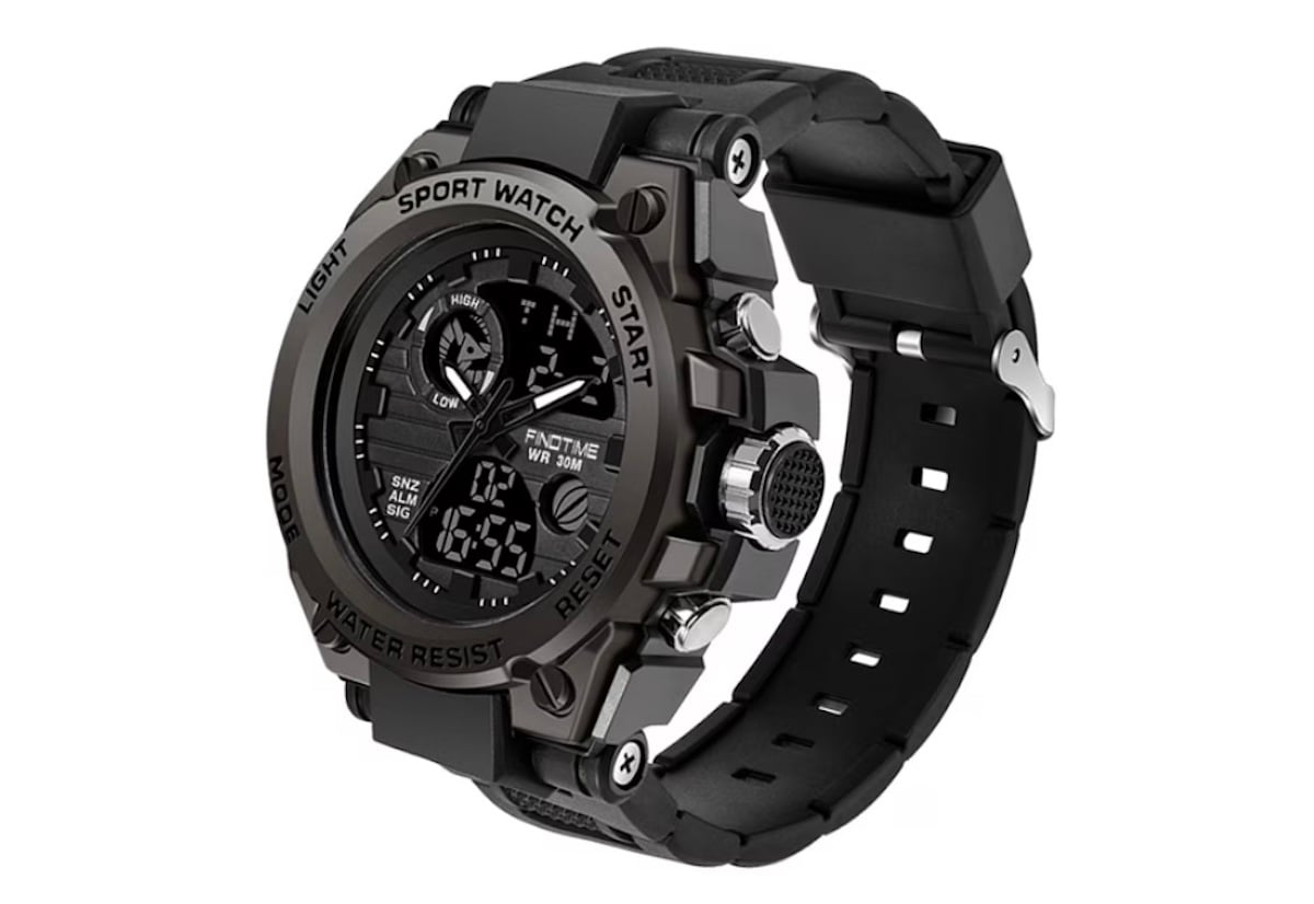 A rugged black digital and analog sports wristwatch with a thick band, multiple buttons, and visible screws on the bezel. The display shows various functions, including time, date, and alarm.