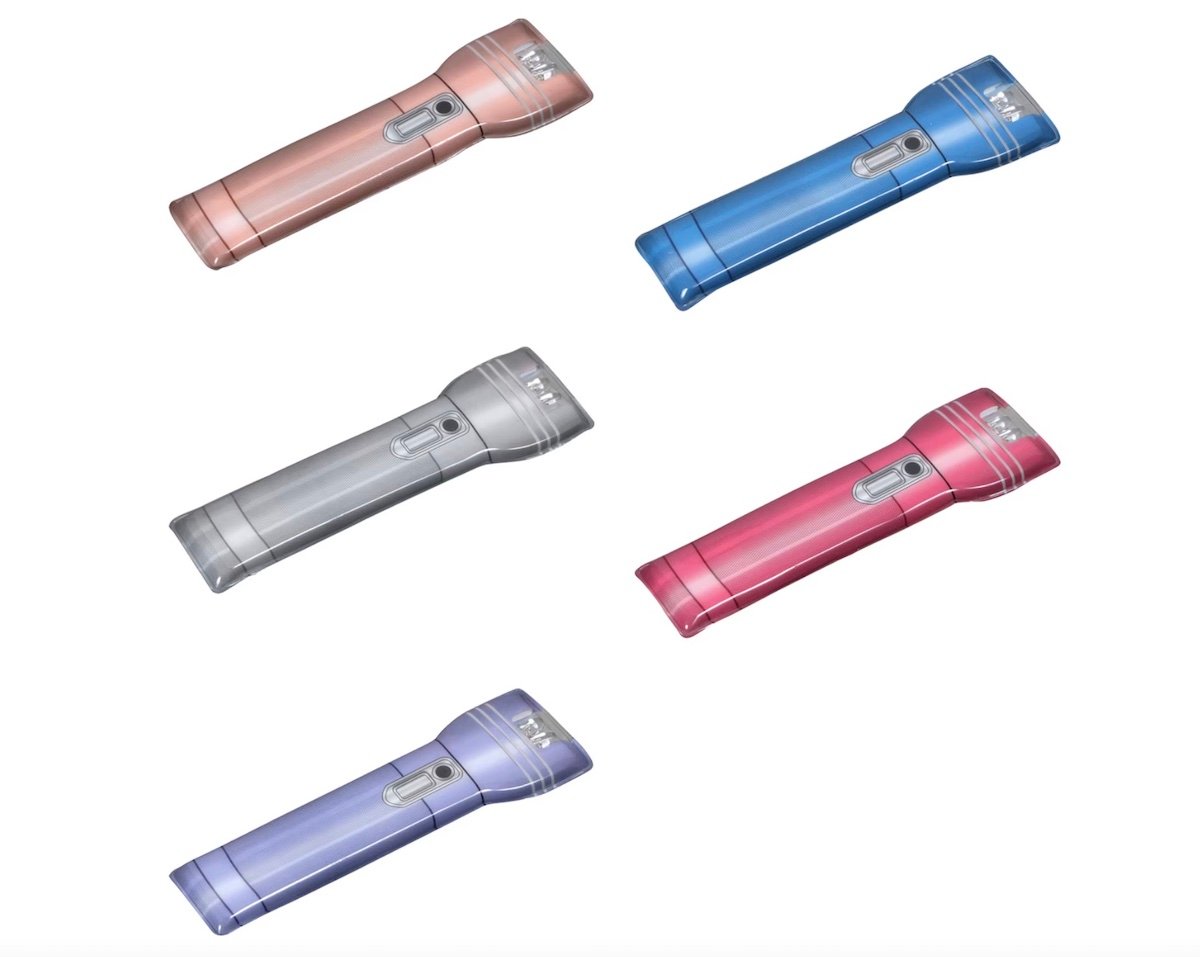Five flashlights in different colors—pink, blue, silver, red, and purple—are arranged diagonally against a white background. Each flashlight is identical in design and features a side switch.