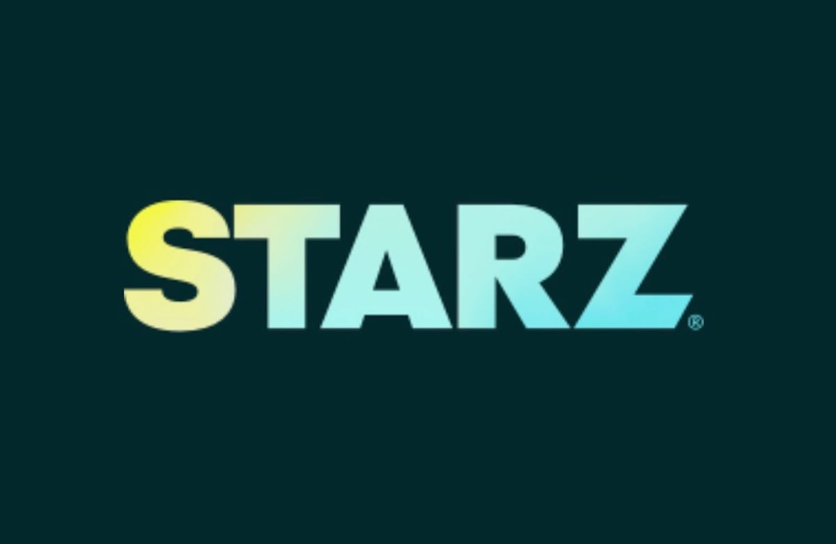 The image shows the STARZ logo with gradient lettering transitioning from yellow on the left to blue on the right, set against a dark background.