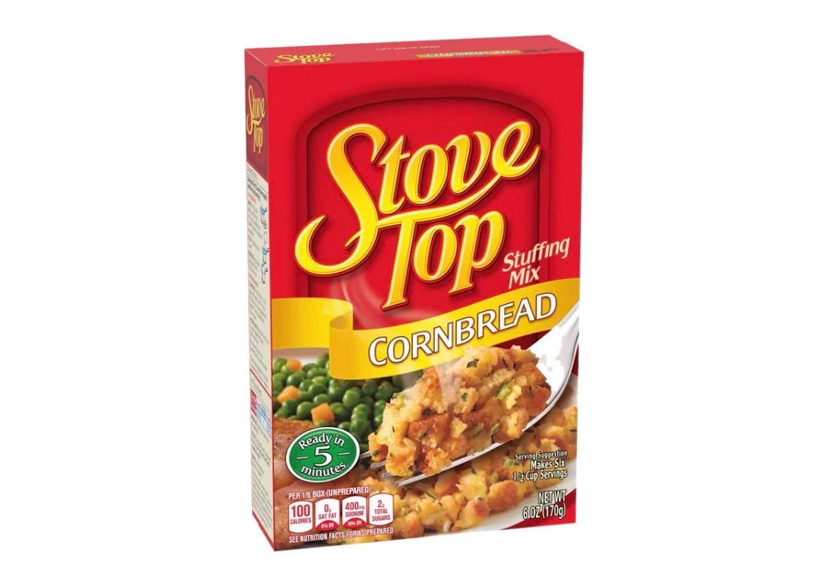 A red box of Stove Top Cornbread Stuffing Mix is shown, featuring an image of the prepared stuffing and vegetables. The package highlights “Ready in 5 minutes” and lists the net weight as 6 oz (170g).
