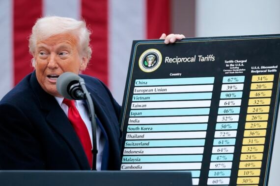 Former U.S. President Donald Trump stands at a podium holding a chart titled "Reciprocal Tariffs," highlighting trump tariffs for various countries, with a large American flag proudly displayed in the background.