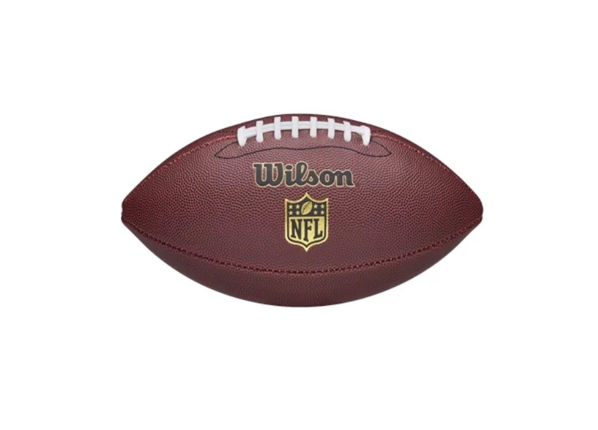 A brown Wilson NFL football with white laces and a gold NFL logo on the front, set against a plain white background.