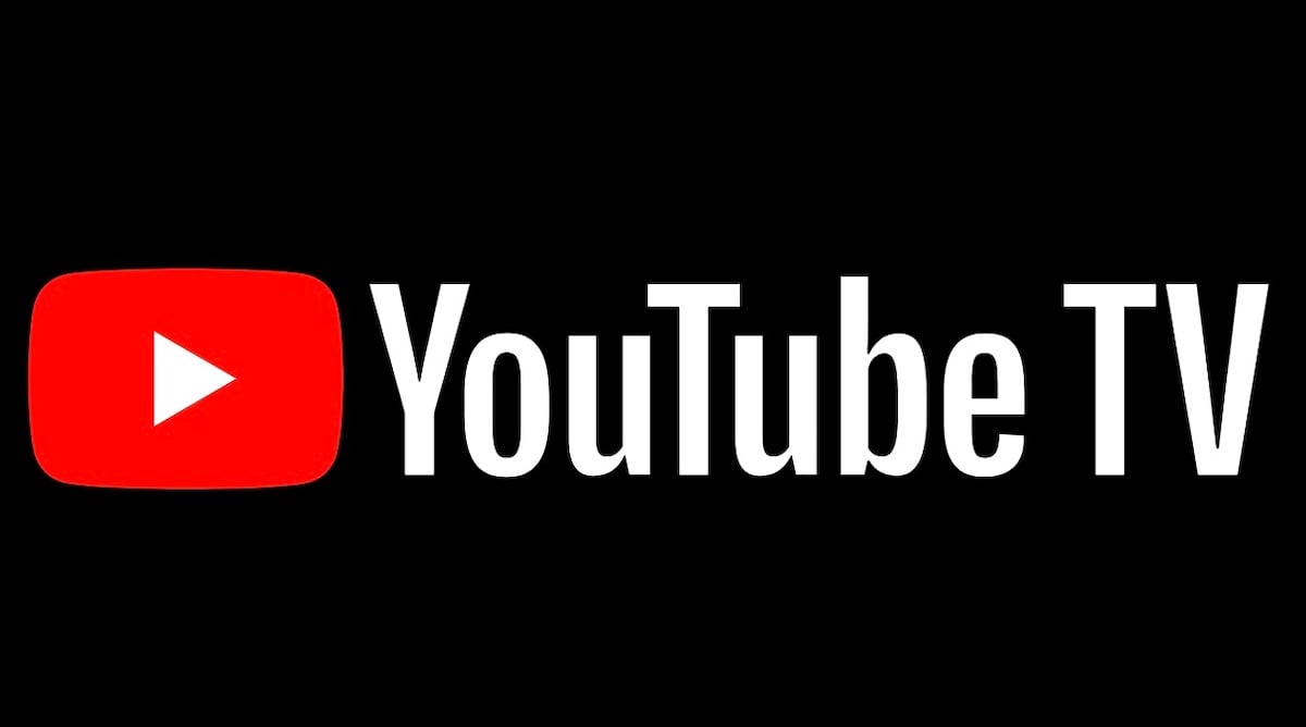The image displays the YouTube TV logo, featuring a red play button icon next to the words "YouTube TV" in bold white letters on a black background.