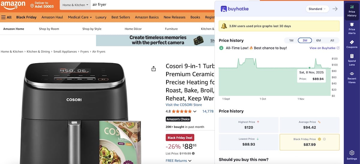 Screenshot of an Amazon product page for a Cosori air fryer, with a Buyhatke browser extension showing a price history chart and suggesting that now is a great time to buy based on the lowest price in 365 days.