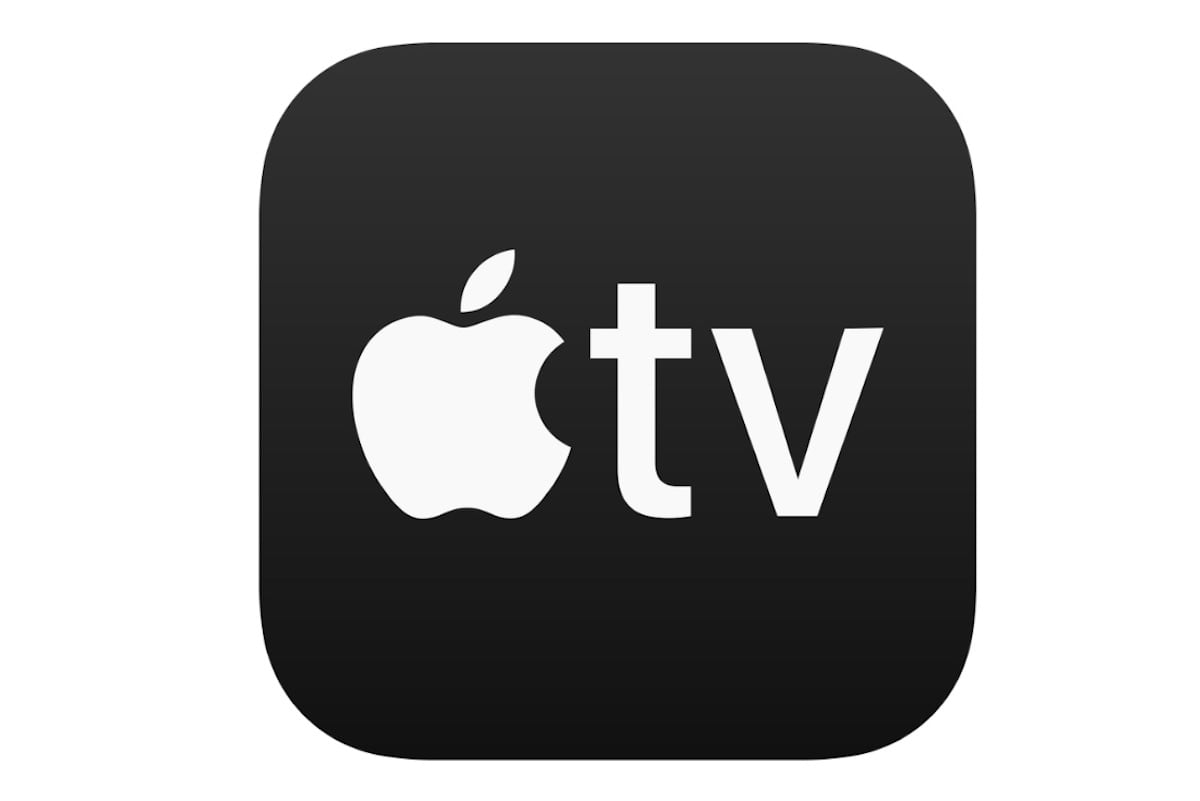 Apple TV logo featuring a white apple icon with a bite taken out of it, next to the lowercase letters "tv," all on a rounded square black background.