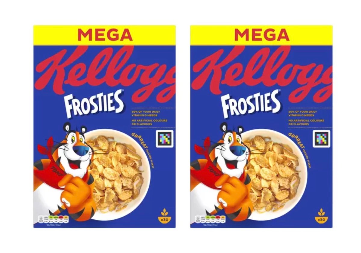 Two identical boxes of Kellogg’s Frosties cereal with a blue background, “MEGA” in yellow at the top, a bowl of cornflakes, and the Frosties tiger mascot smiling on the front.