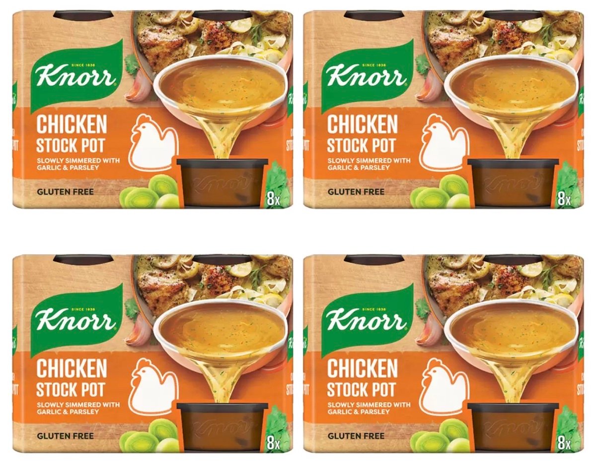 Four packs of Knorr Chicken Stock Pot, each featuring an image of a bowl of chicken stock being poured, cooked chicken pieces, garlic, parsley, and a chicken illustration. Each pack contains 8 stock pots and is labeled gluten free.