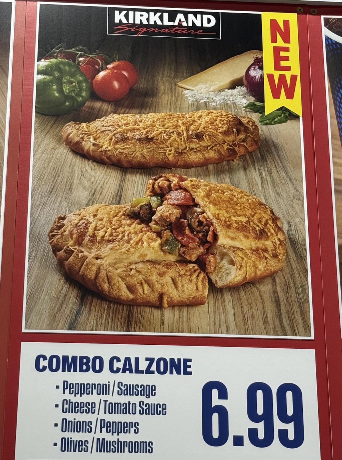 A photo of two Kirkland Signature combo calzones, one whole and one cut open to show the filling of meat, cheese, and vegetables. Text lists ingredients and shows the price as $6.99. Peppers and onions are pictured in the background.