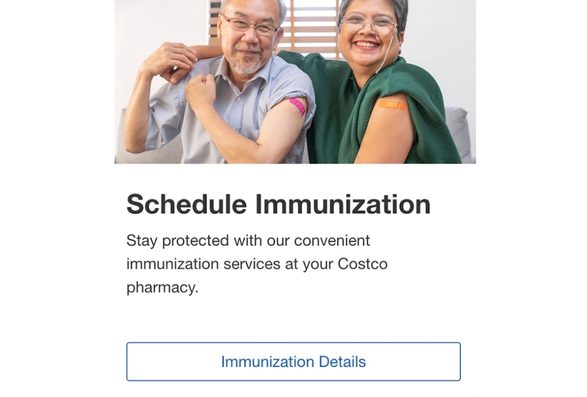 Two smiling adults, each with a bandage on their upper arm, sit close together on a couch after receiving immunizations. Text below promotes scheduling immunization services at a Costco pharmacy.
