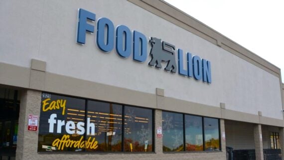 Exterior view of a Food Lion grocery store with large blue signage and windows displaying the words “Easy, fresh, affordable.” The entrance and parking area are visible in front of the building.