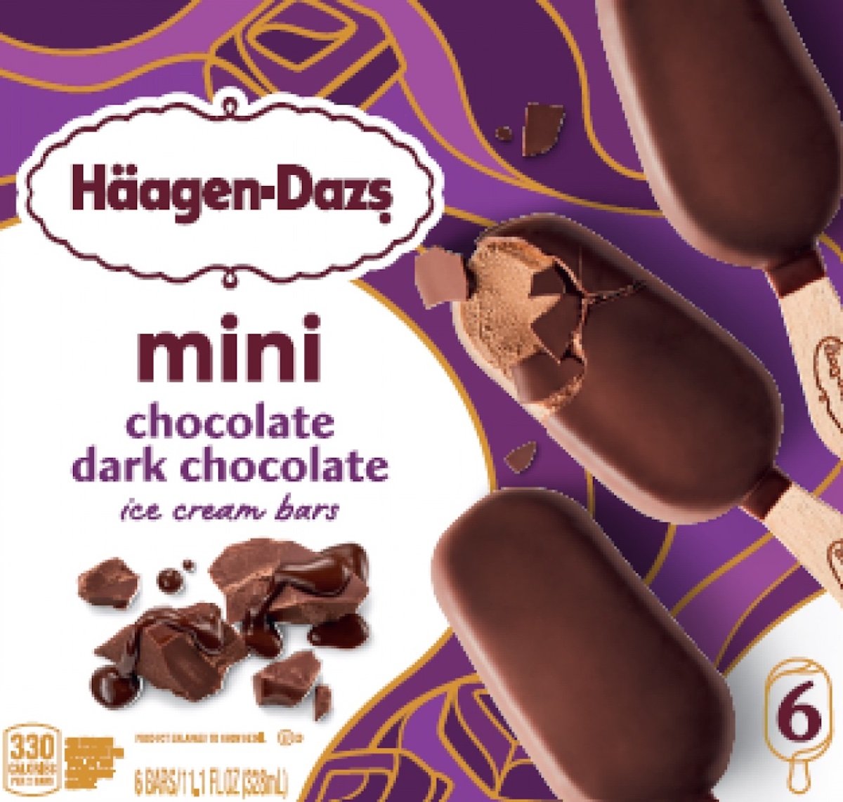 Häagen-Dazs mini chocolate dark chocolate ice cream bars box shows two chocolate-covered bars with a bite taken out of one, pieces of chocolate, and product details on a purple and white background.