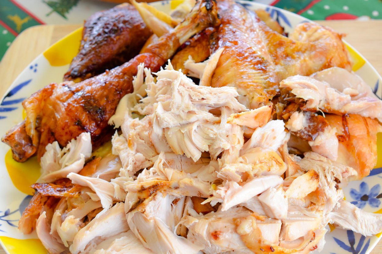 A plate filled with pieces of roasted turkey, including both shredded white meat and larger pieces of browned, crispy skin and dark meat, arranged on a yellow and white dish.