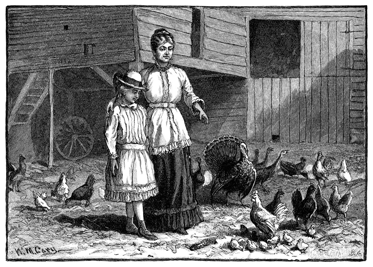 A vintage illustration shows a woman and a young girl standing together in a barnyard, surrounded by chickens, turkeys, and other birds—a nostalgic scene that hints at the humble beginnings of Thanksgiving dinner cost history. Wooden barns stand in the background.