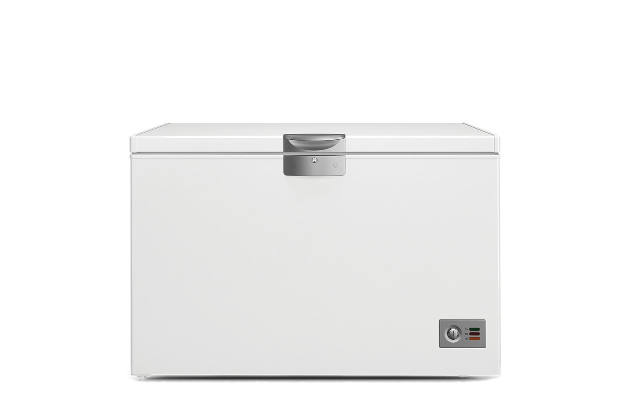 A white chest freezer with a top-opening lid, a silver handle, and a control panel with indicator lights and a dial on the lower right front.