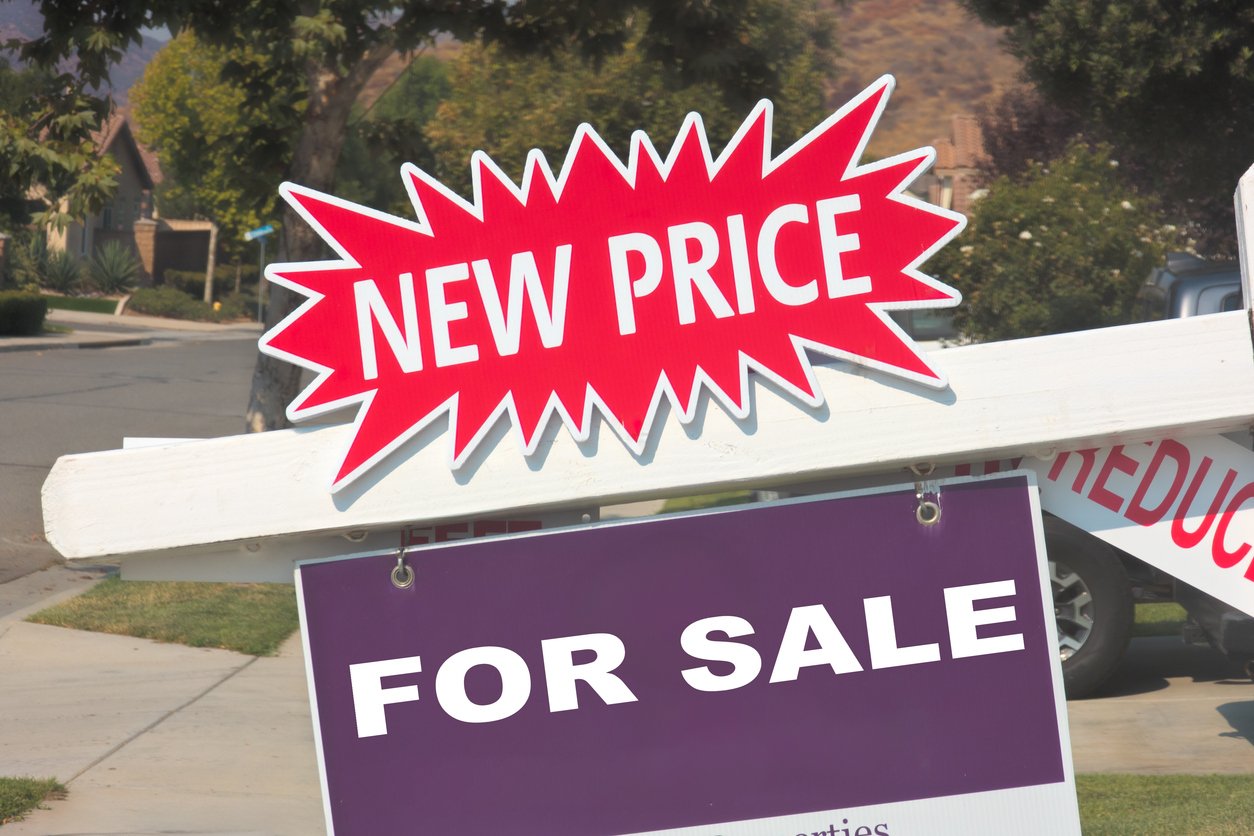 A “NEW PRICE” sign in bold red and white is attached above a “FOR SALE” sign in front of a suburban home, indicating a price change for the property. Trees and houses are visible in the background.