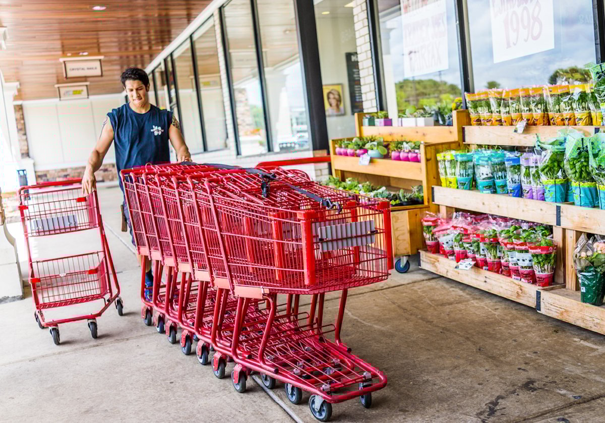 A person pushes a row of red shopping carts outside a grocery store, near shelves stocked with plants, flowers, and bottled drinks.