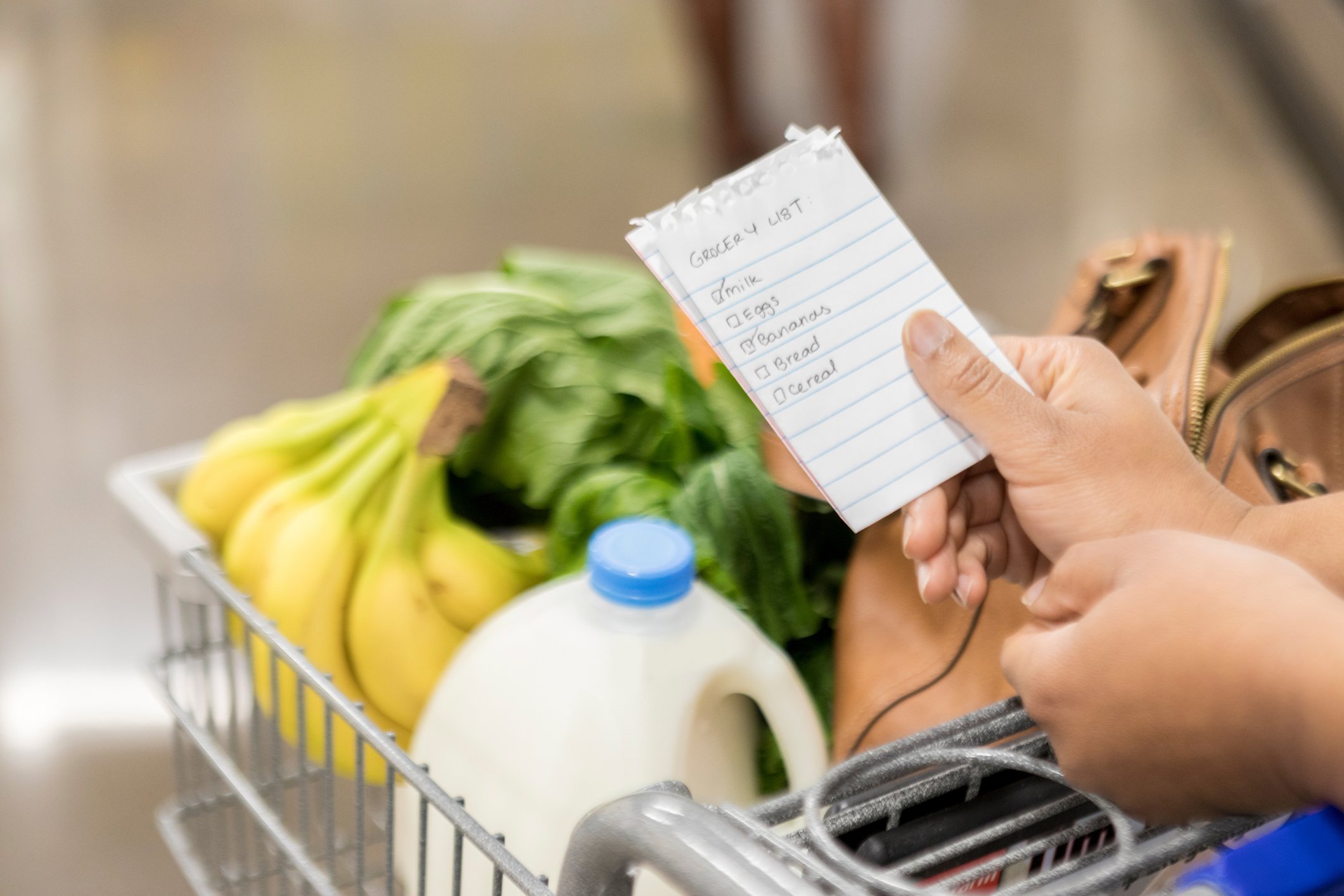 A person holds a handwritten grocery list by a shopping cart filled with bananas, leafy greens, and a gallon of milk in a store aisle.