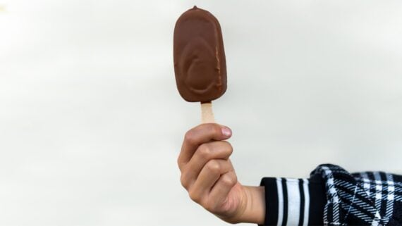 A hand holding a chocolate-covered ice cream bar on a wooden stick against a plain light background. The person is wearing a black and white plaid sleeve.
