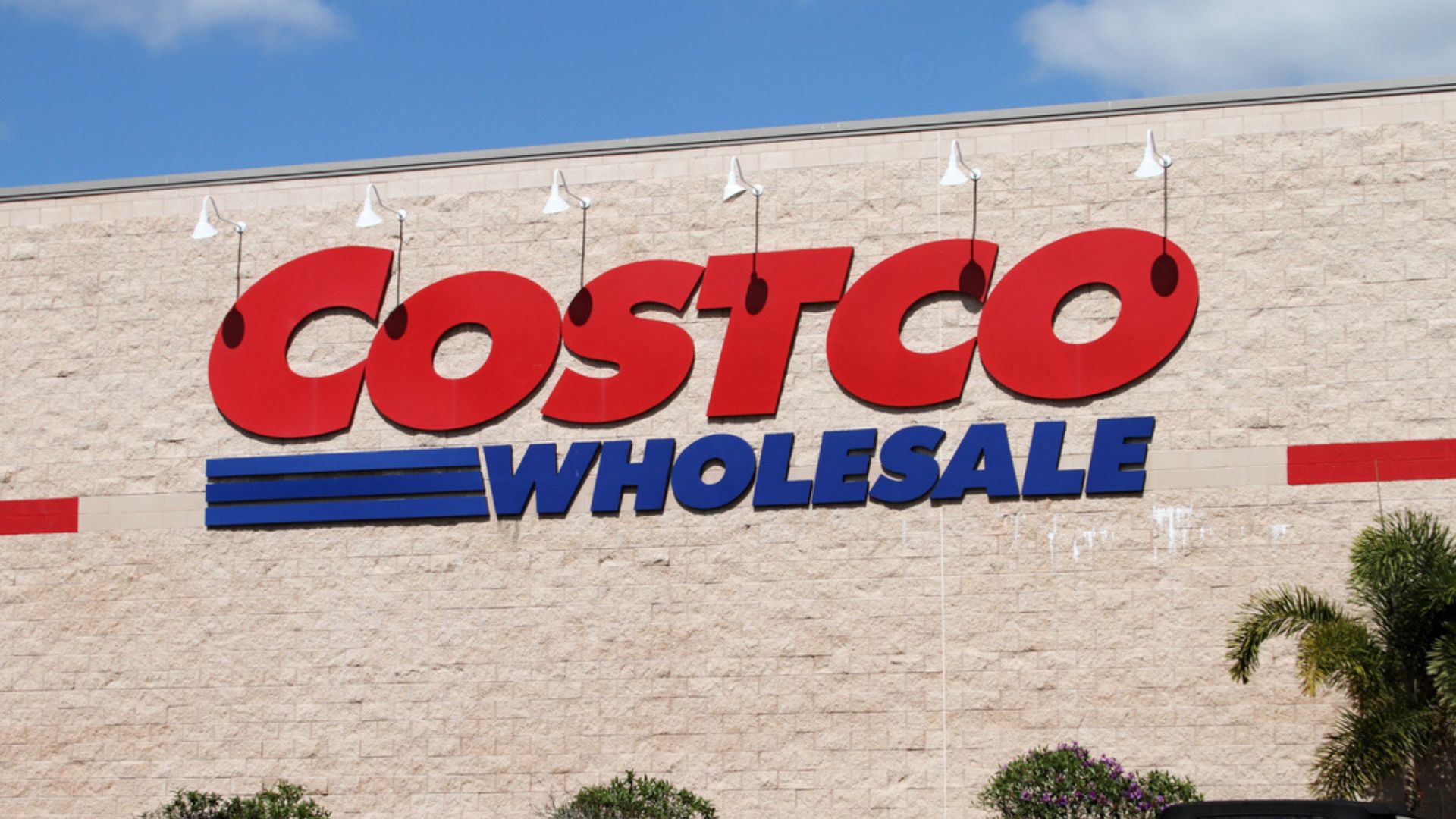 The exterior of a Costco Wholesale store, showing the large red and blue logo sign on a beige brick wall under a blue sky. Shrubs and palm leaves are visible at the bottom.