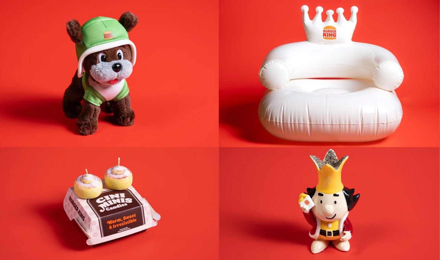 Four items are displayed against a red background: a plush dog toy in a green helmet, a white inflatable chair with a crown, two donuts in a Burger King box, and a king figurine holding a burger.