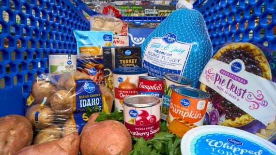A grocery cart filled with Thanksgiving food items, including a frozen turkey, potatoes, sweet potatoes, canned pumpkin, cranberry sauce, pie crust, whipped topping, stuffing mix, bread, and vegetables.