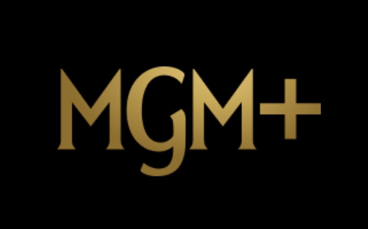The image displays the MGM+ logo with the text "MGM+" in bold, gold stylized letters on a solid black background.