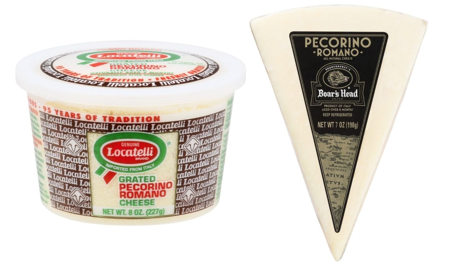A container of Locatelli grated Pecorino Romano cheese is shown next to a wedge of Boar's Head Pecorino Romano cheese on a white background.