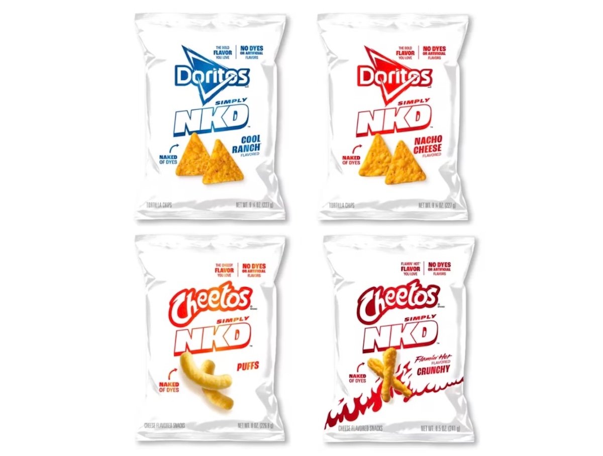 Four white bags of chips: two Doritos flavors (Cool Ranch and Nacho Cheese) and two Cheetos flavors (Puffs and Flamin’ Hot Crunchy), all labeled “Simply NKD” with clean, simple packaging.