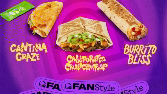 Three Taco Bell menu items—a taco, a crunchwrap, and a burrito—are displayed on a vibrant purple background with stylized yellow text naming each item: Cantina Craze, California Crunchwrap, and Burrito Bliss.