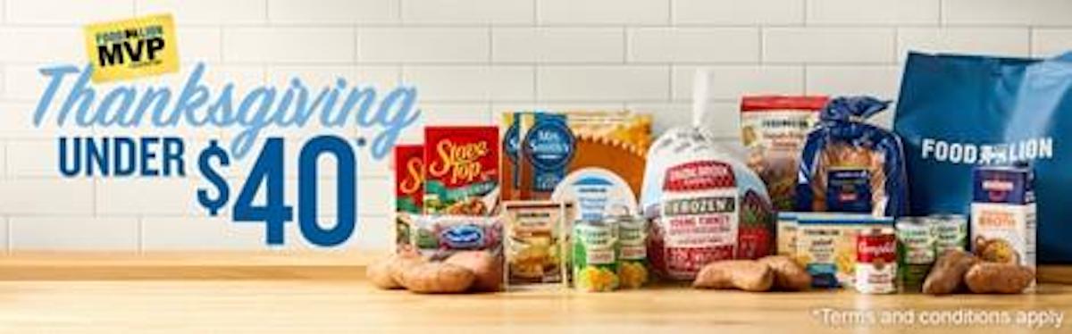 A display of Thanksgiving food items, including a turkey, potatoes, pie, canned goods, and stuffing mix, with text reading "Thanksgiving under $40" and a Food Lion MVP logo on a white tiled background.
