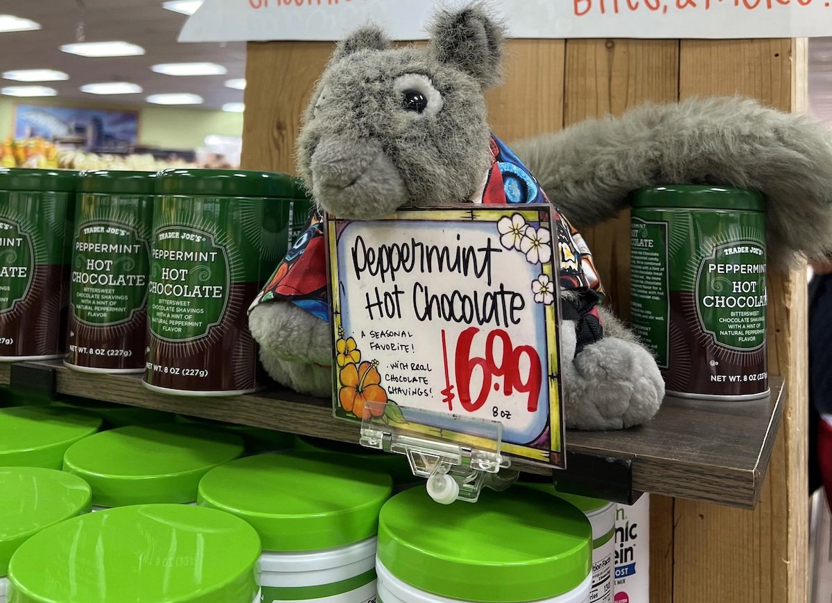 A plush squirrel wearing a colorful shirt sits on a shelf above green canisters of peppermint hot chocolate, with a handwritten sign reading “Peppermint Hot Chocolate $6.49” in front of it.
