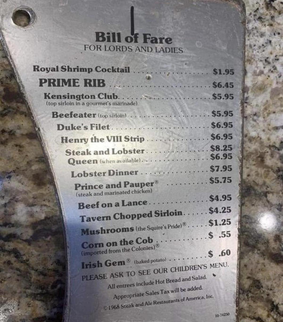 A vintage silver restaurant menu lists dishes like "Prime Rib" for $6.45, "Steak and Lobster" for $8.95, and "Irish Gem" for $0.60, with prices mostly under $8. The menu is titled "Bill of Fare for Lords and Ladies.