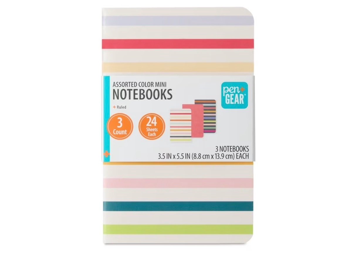 A package of Pen+Gear assorted color mini notebooks, featuring horizontal pastel stripes on the cover. The pack contains 3 ruled notebooks, each 3.5 x 5.5 inches with 24 sheets.