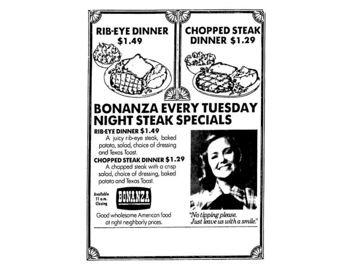 Black-and-white ad showing steak dinner specials with images of plates containing steak, baked potato, salad, and toast. Includes a smiling woman’s photo and text about Bonanza’s Tuesday night steak deals.