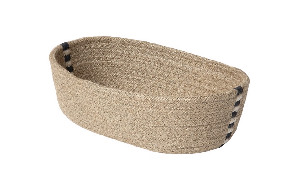 A rectangular woven basket made of natural fibers with slightly raised sides and black stripes at both ends.