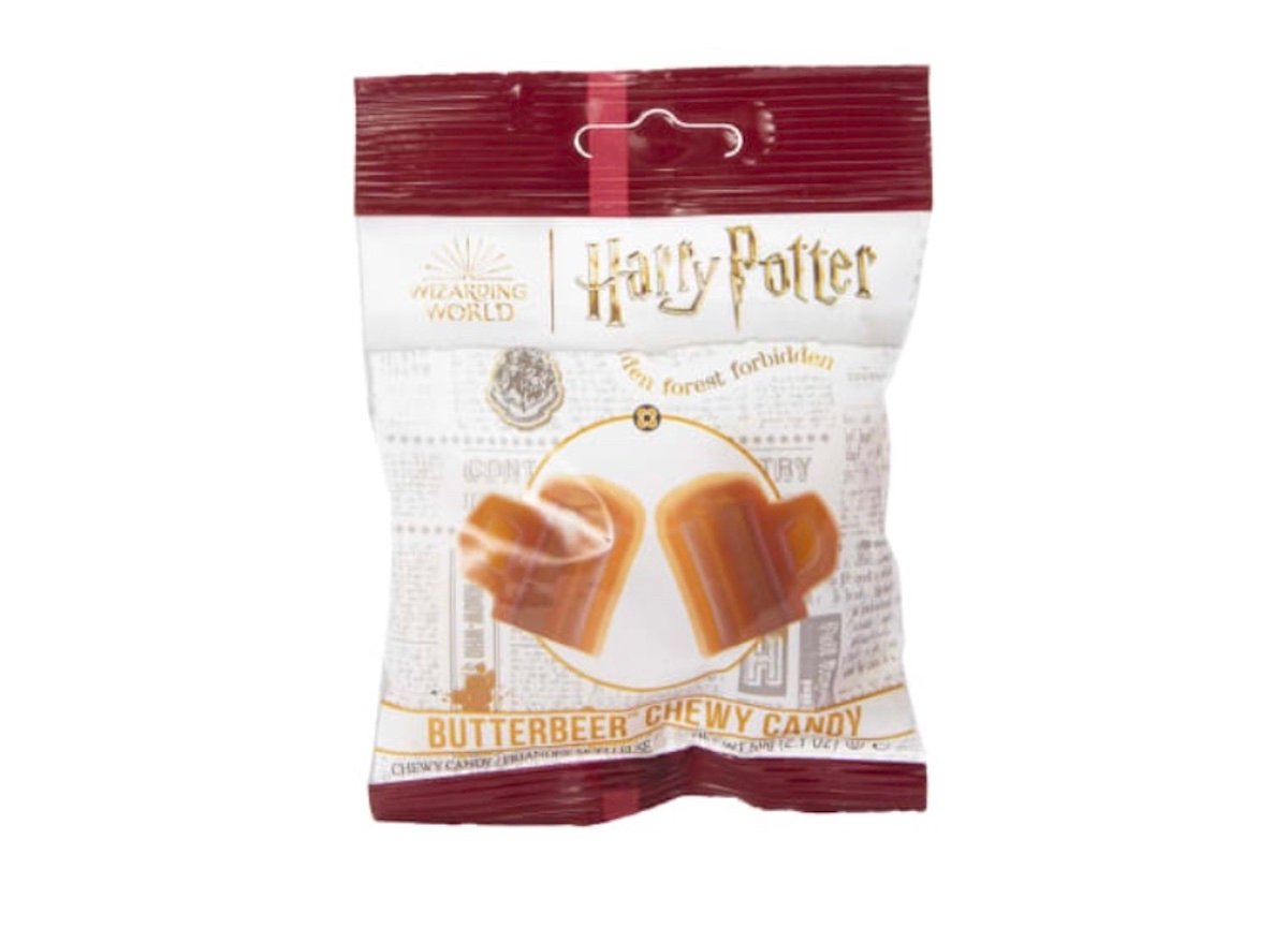 A package of Harry Potter Butterbeer Chewy Candy, featuring an image of caramel-colored candies on the front and branded with “Wizarding World” and “Butterbeer Chewy Candy” text.