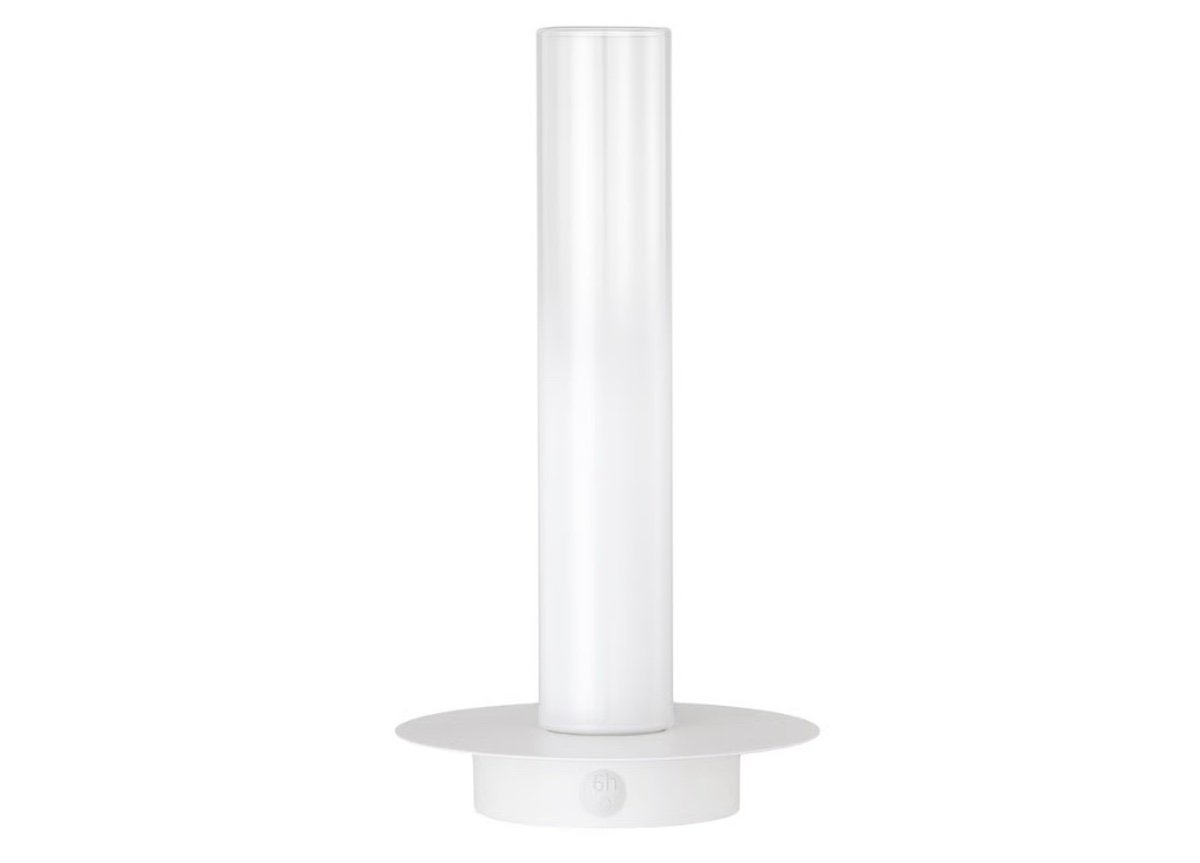 A minimalist, cylindrical white air purifier with a wide circular base, photographed against a plain white background.