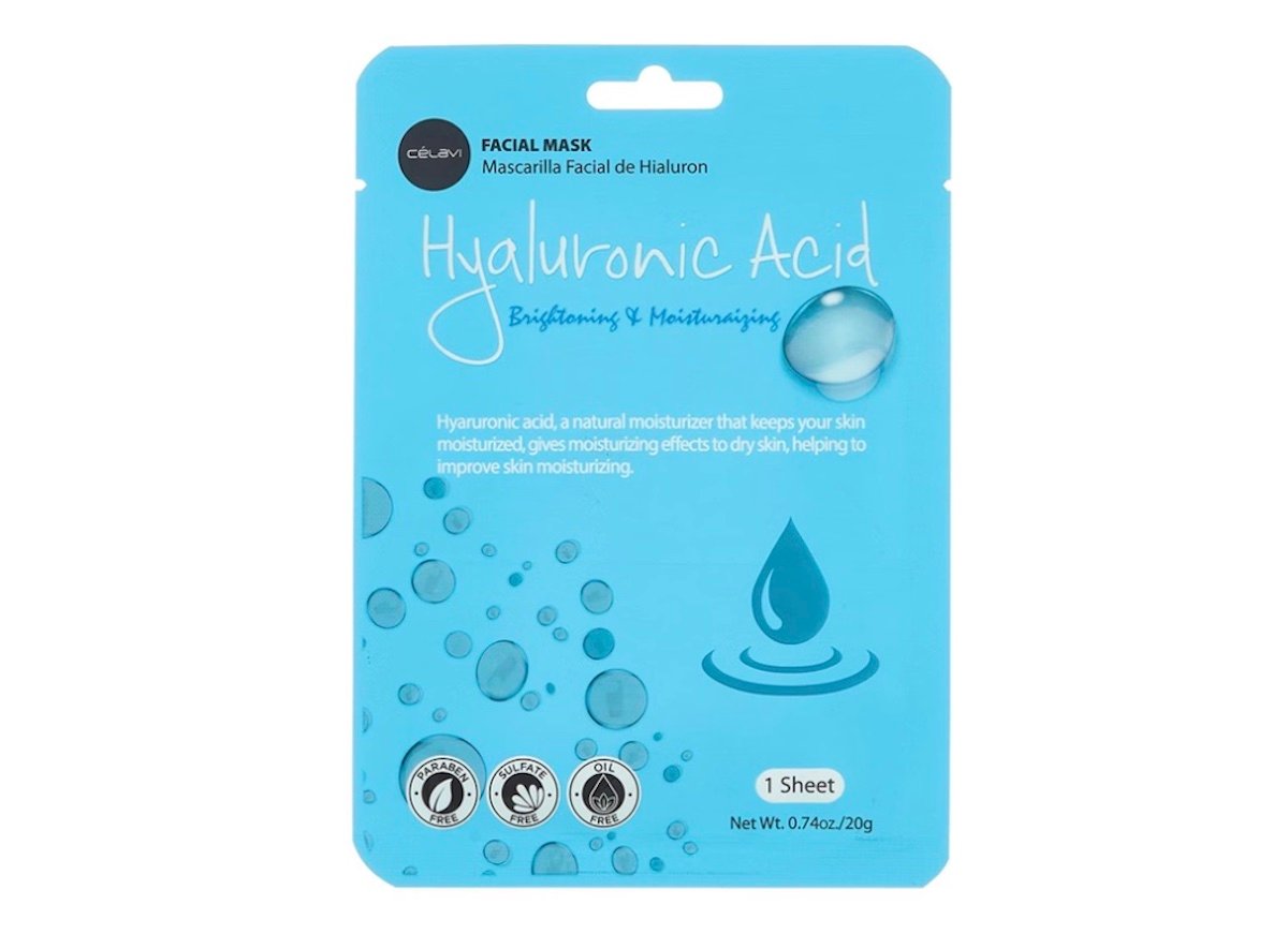 Blue packaging for a facial mask labeled "Hyaluronic Acid" with water drop graphics. Text highlights its moisturizing and brightening effects. Icons indicate application and features. One sheet, 0.74 oz (20g).