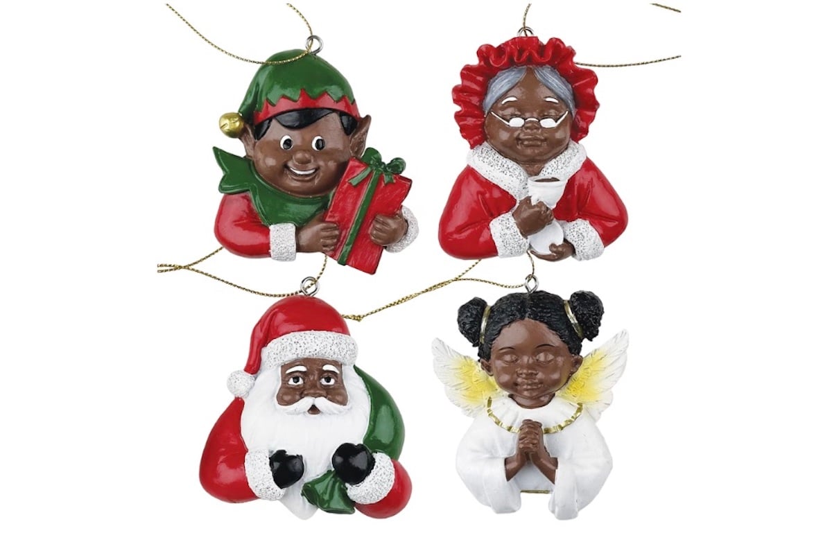 Four Christmas ornaments feature festive characters: a smiling elf holding a gift, Mrs. Claus with glasses and a bonnet, Santa Claus with his beard, and a praying angel with pigtails and yellow wings.