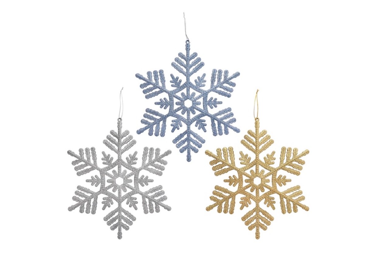 Three glittery snowflake ornaments in silver, blue, and gold colors, each with a hanging loop, arranged against a white background.