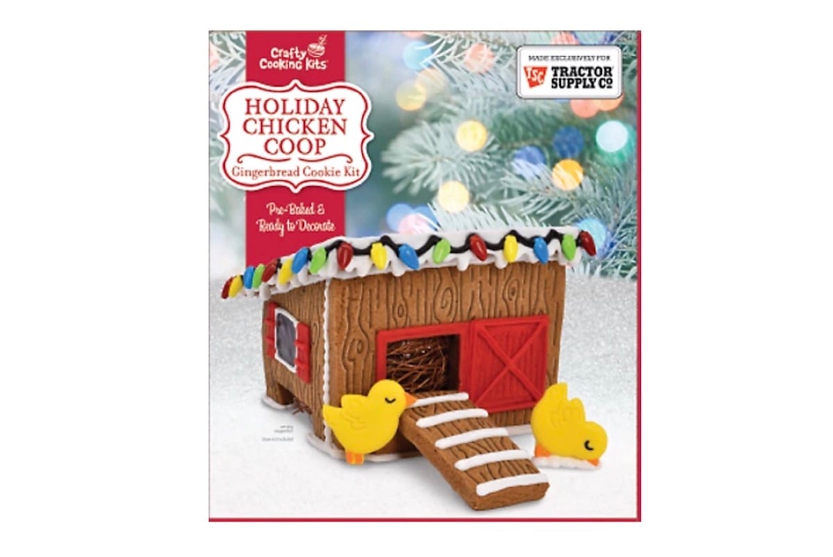 A gingerbread cookie kit box shows a decorated chicken coop made of cookies, with two yellow chick cookies outside, a ramp, and colorful candy lights, set against a festive, snowy background.